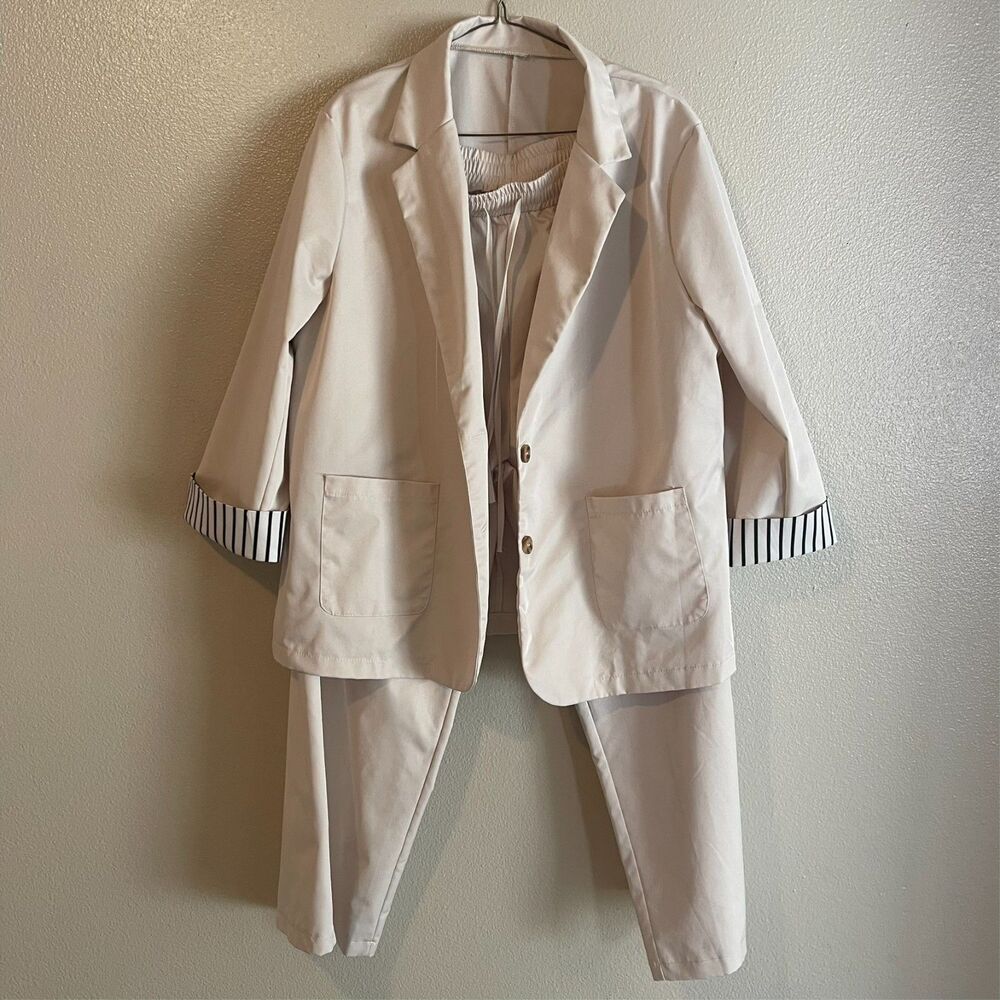 Women's Cream 2-pc Set Oversized Blazer Wide Leg Pants XXL Boss Lady Office Chic - Picture 1 of 9